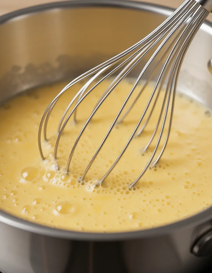 Primer plano de un batidor de varillas de acero batiendo huevos en un bol