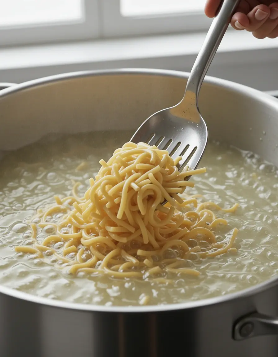 Cuchara ranurada sacando pasta corta de una olla con agua hirviendo