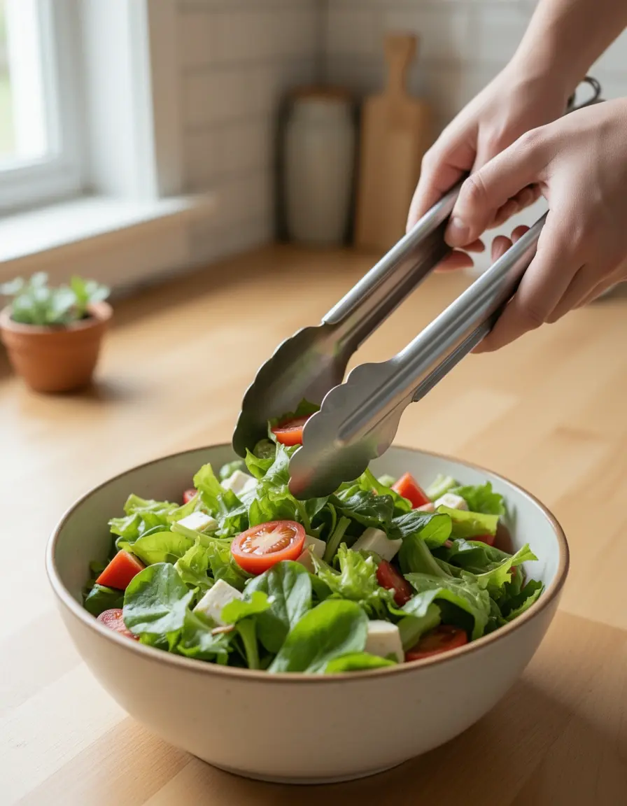 Pinzas de cocina con bloqueo sujetando una ensalada fresca