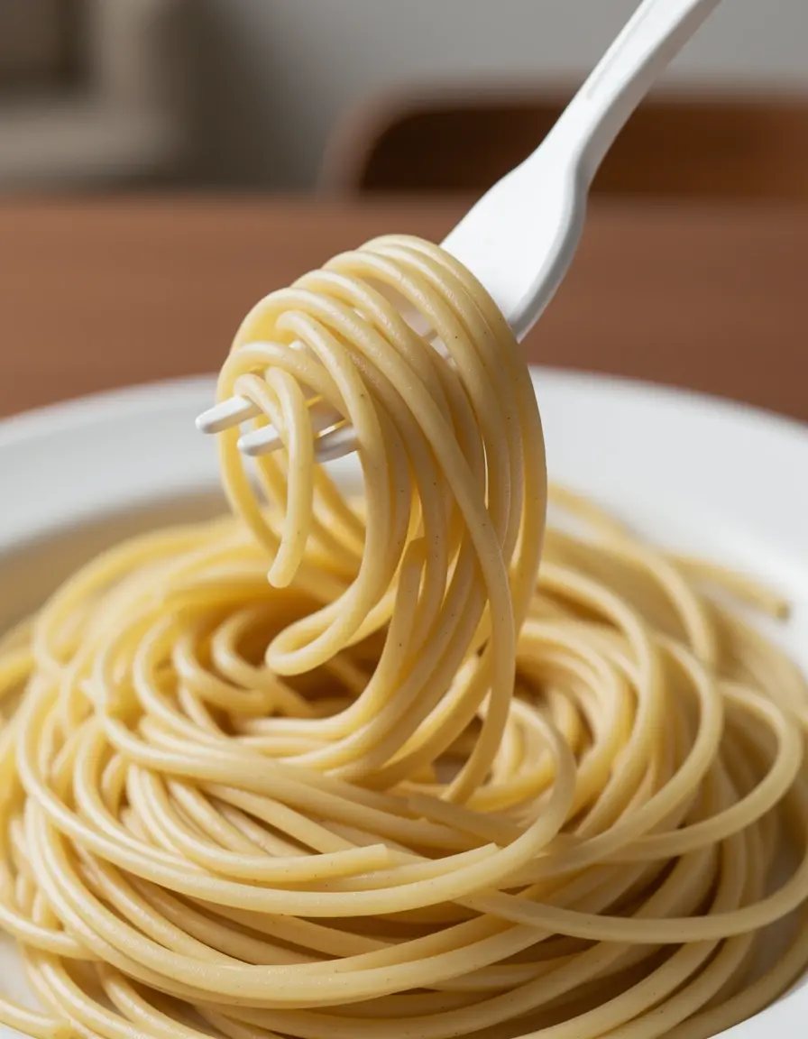 Tenedor para pasta enrollando espaguetis humeantes
