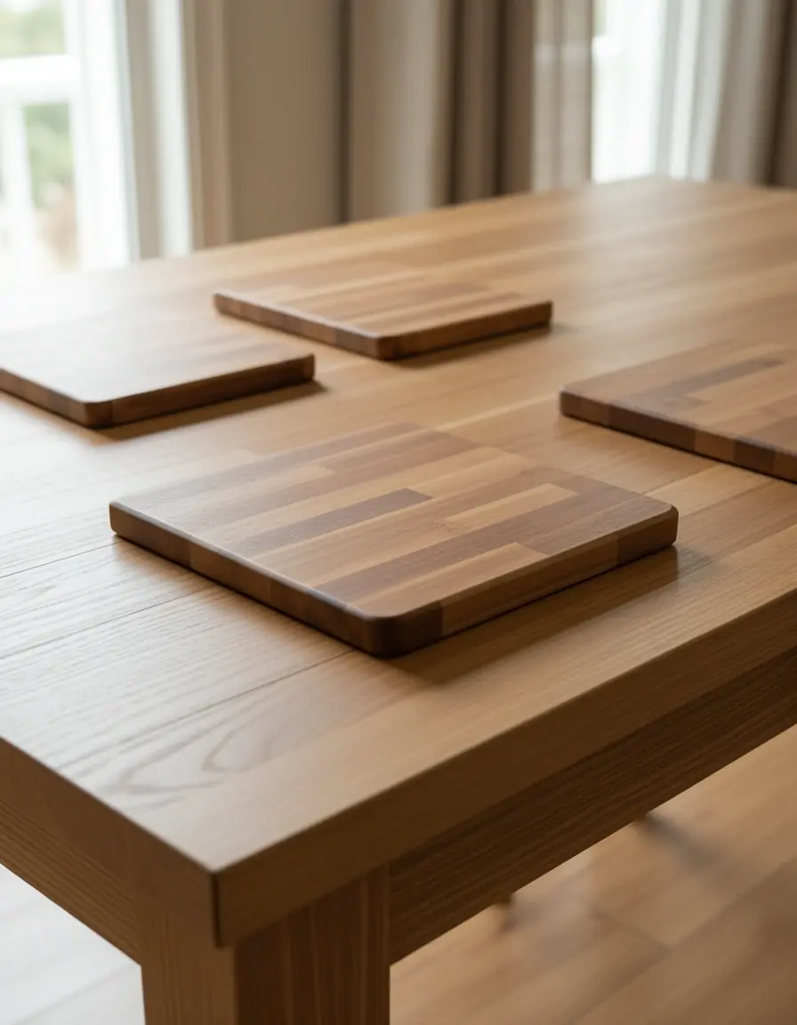 Salvamanteles de madera protegiendo la mesa del calor