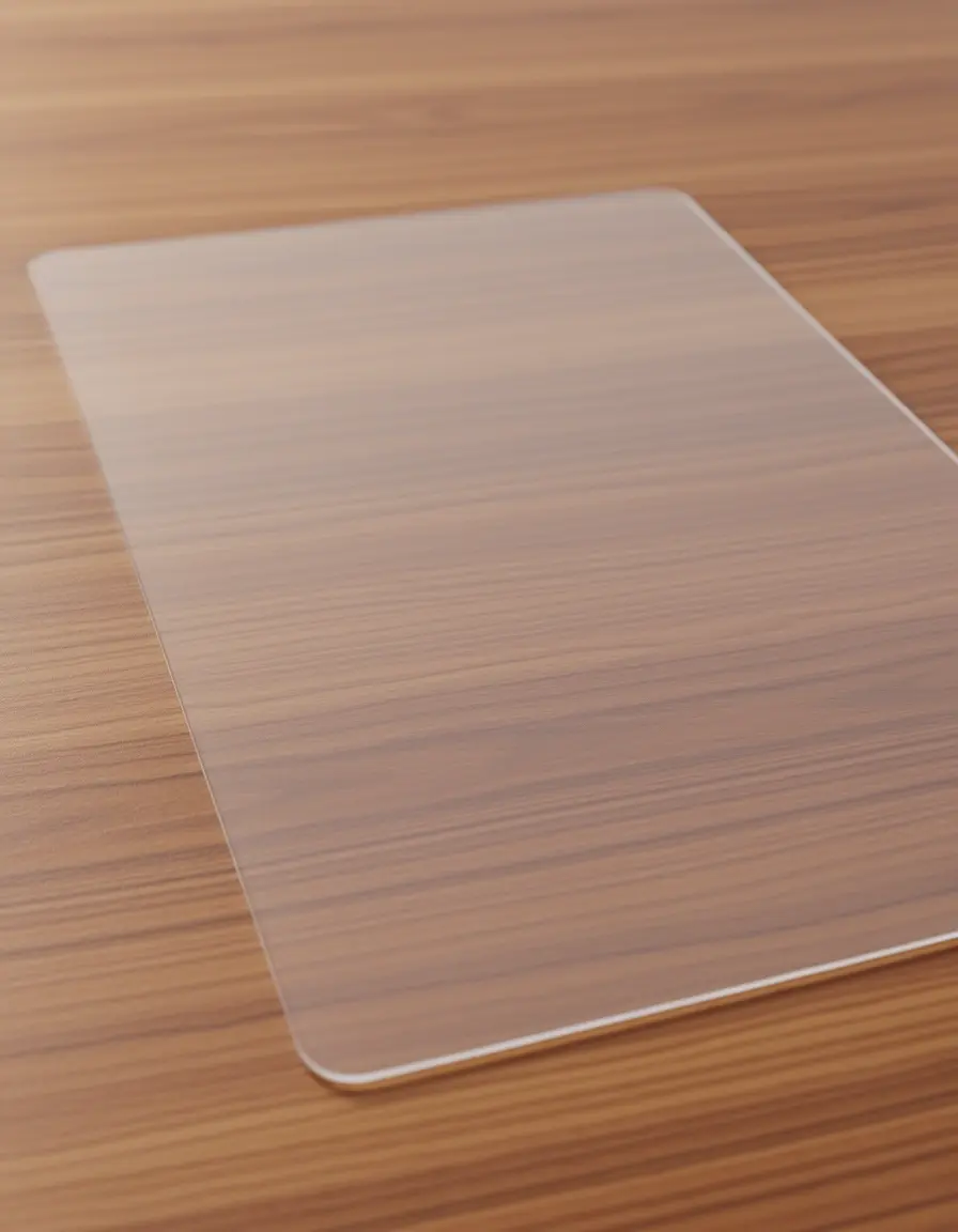 Protector de mesa transparente sobre madera de alta resolución