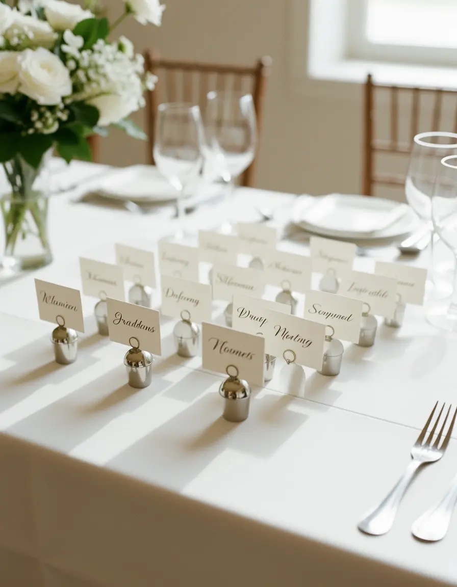 Pequeños soportes para tarjetas de sitio en una mesa decorada